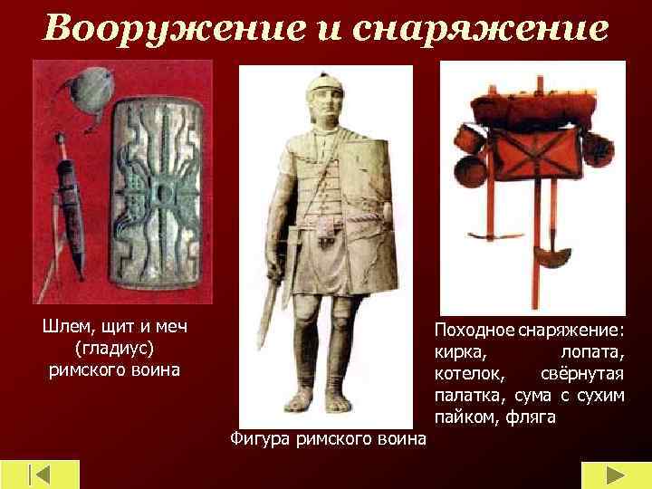 Вооружение и снаряжение Шлем, щит и меч (гладиус) римского воина Фигура римского воина Походное