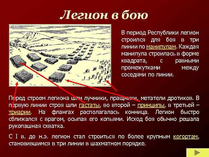 Легион в бою В период Республики легион строился для боя в три линии по