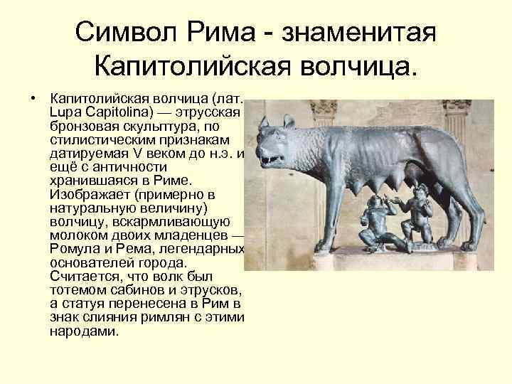 Символ Рима - знаменитая Капитолийская волчица. • Капитолийская волчица (лат. Lupa Capitolina) — этрусская