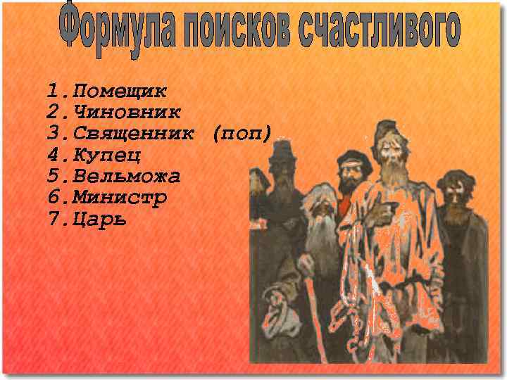 1. Помещик 2. Чиновник 3. Священник (поп) 4. Купец 5. Вельможа 6. Министр 7.