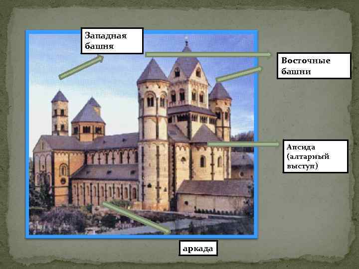 Западная башня Восточные башни Апсида (алтарный выступ) аркада 