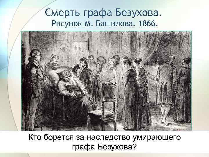 Смерть графа Безухова. Рисунок М. Башилова. 1866. Кто борется за наследство умирающего графа Безухова?