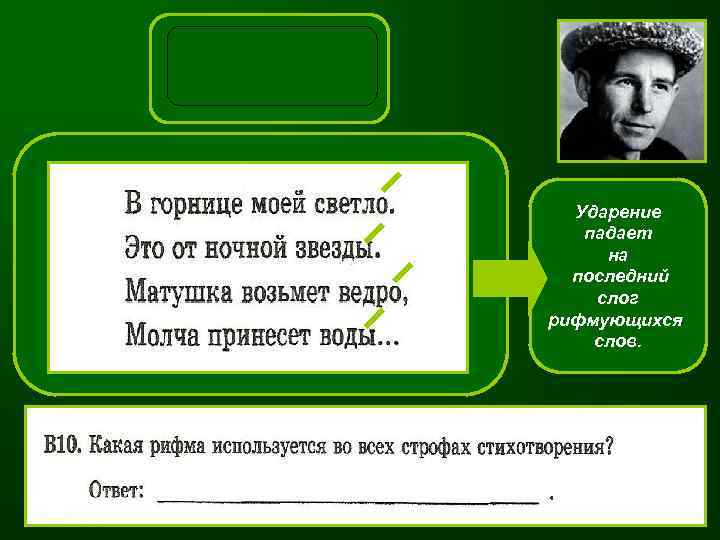 МУЖСКАЯ Ударение падает на последний слог рифмующихся слов. 