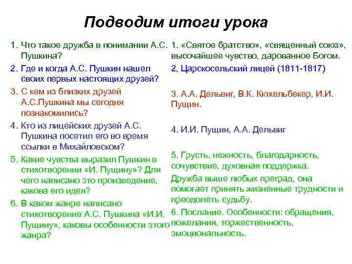 Подводим итоги урока 1. Что такое дружба в понимании А. С. 1. «Святое братство»