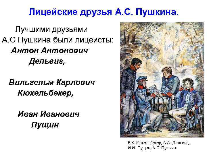 Лицейские друзья А. С. Пушкина. Лучшими друзьями А. С Пушкина были лицеисты: Антонович Дельвиг,