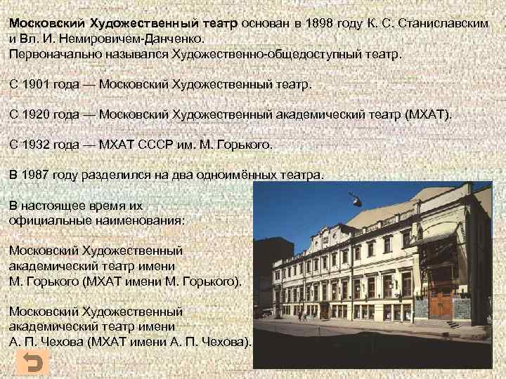 Московский Художественный театр основан в 1898 году К. С. Станиславским и Вл. И. Немировичем-Данченко.