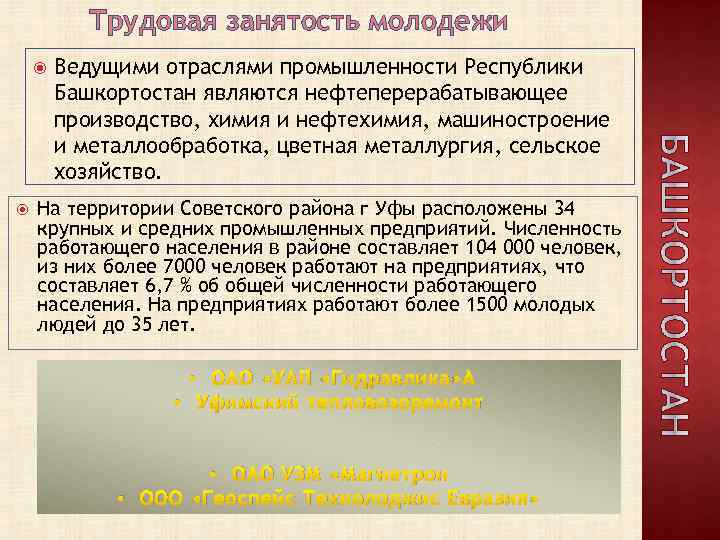Трудовая занятость молодежи Ведущими отраслями промышленности Республики Башкортостан являются нефтеперерабатывающее производство, химия и нефтехимия,