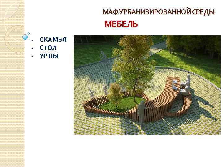 МАФ УРБАНИЗИРОВАННОЙ СРЕДЫ МЕБЕЛЬ - СКАМЬЯ - СТОЛ - УРНЫ 