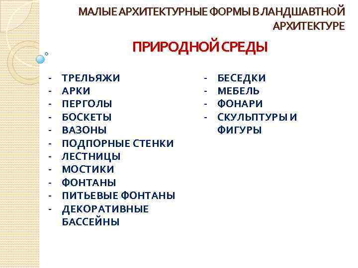 МАЛЫЕ АРХИТЕКТУРНЫЕ ФОРМЫ В ЛАНДШАВТНОЙ АРХИТЕКТУРЕ ПРИРОДНОЙ СРЕДЫ - ТРЕЛЬЯЖИ АРКИ ПЕРГОЛЫ БОСКЕТЫ ВАЗОНЫ