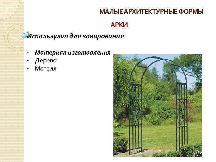 МАЛЫЕ АРХИТЕКТУРНЫЕ ФОРМЫ АРКИ Используют для зонирования - Материал изготовления - Дерево - Металл