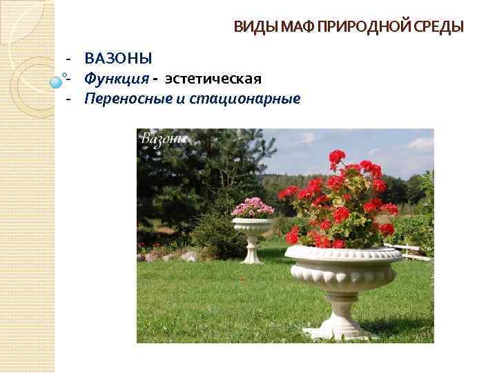 ВИДЫ МАФ ПРИРОДНОЙ СРЕДЫ - ВАЗОНЫ - Функция - эстетическая - Переносные и стационарные