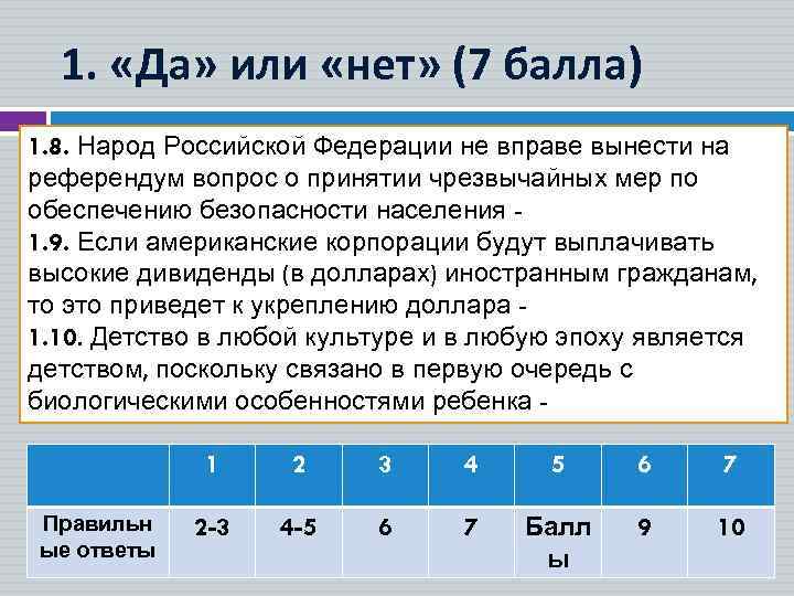 1. «Да» или «нет» (7 балла) 1. 8. Народ Российской Федерации не вправе вынести