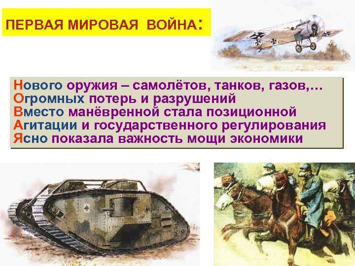 ПЕРВАЯ МИРОВАЯ ВОЙНА: Нового оружия – самолётов, танков, газов, … Огромных потерь и разрушений