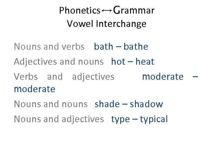 Phonetics↔Grammar Vowel Interchange Nouns and verbs bath – bathe Adjectives and nouns hot –