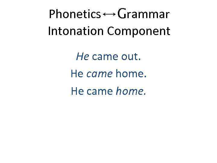 Phonetics↔Grammar Intonation Component He came out. He came home. 