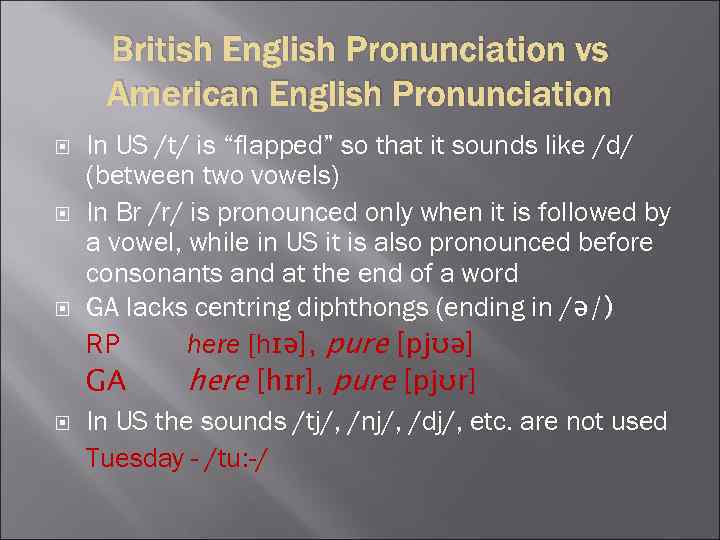 British English Pronunciation vs American English Pronunciation In US /t/ is “flapped” so that