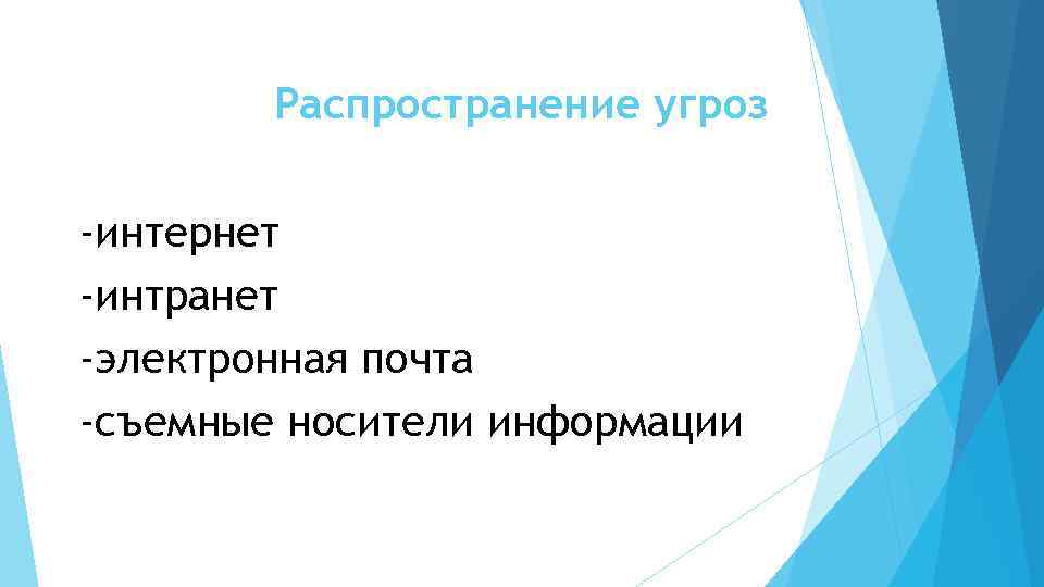 Распространение угроз -интернет -интранет -электронная почта -съемные носители информации 