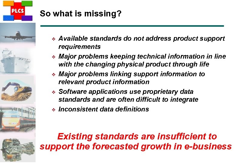 So what is missing? v v v Available standards do not address product support