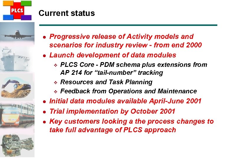 Current status l l Progressive release of Activity models and scenarios for industry review