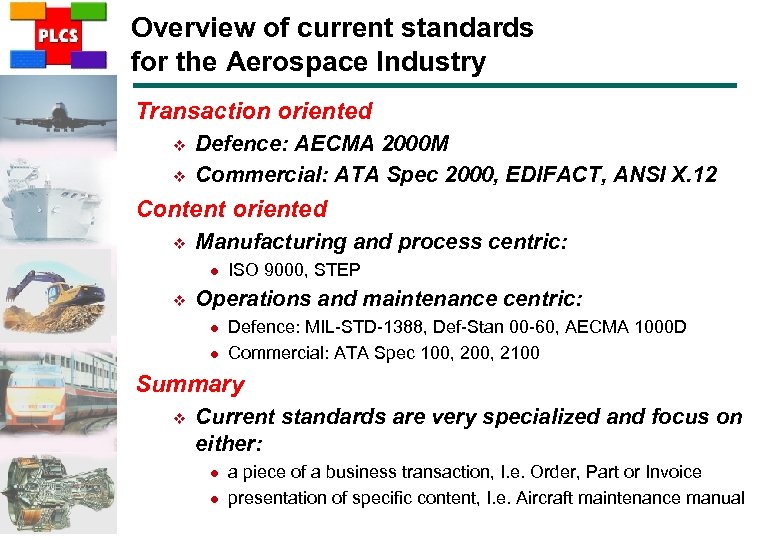 Overview of current standards for the Aerospace Industry Transaction oriented v v Defence: AECMA