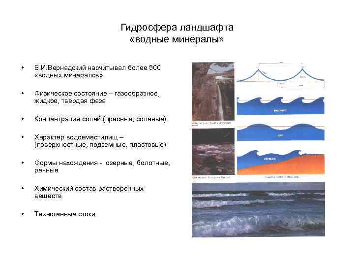 Гидросфера ландшафта «водные минералы» • В. И. Вернадский насчитывал более 500 «водных минералов» •