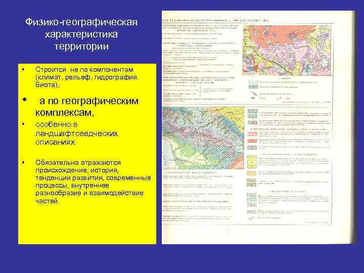 Физико-географическая характеристика территории • Строится не по компонентам (климат, рельеф, гидрография. Биота), • а