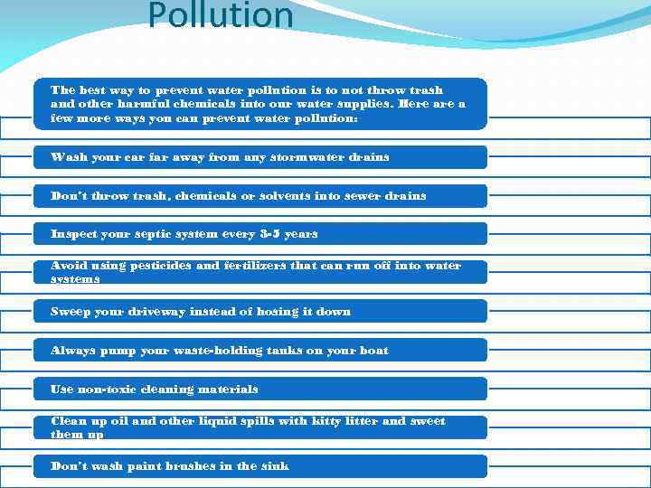 Pollution The best way to prevent water pollution is to not throw trash and