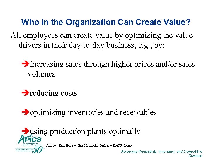 Who in the Organization Can Create Value? All employees can create value by optimizing