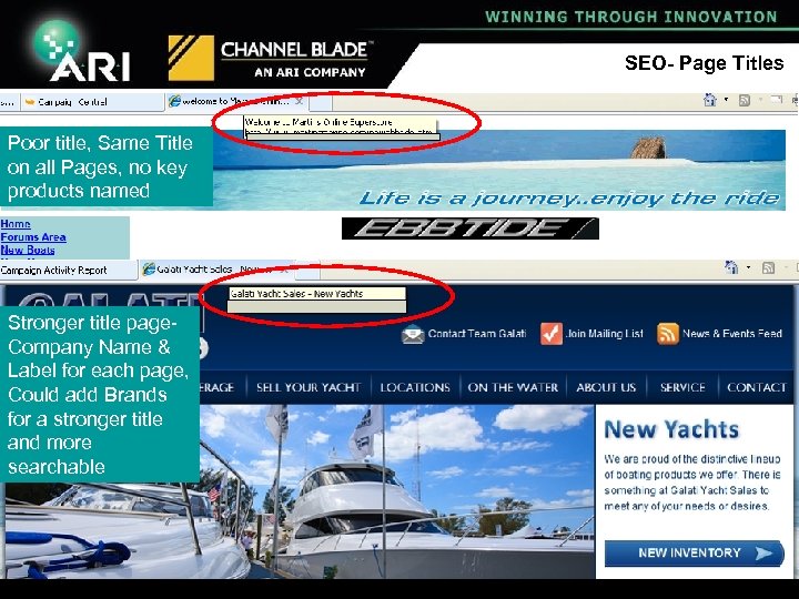 SEO- Page Titles Poor title, Same Title on all Pages, no key products named