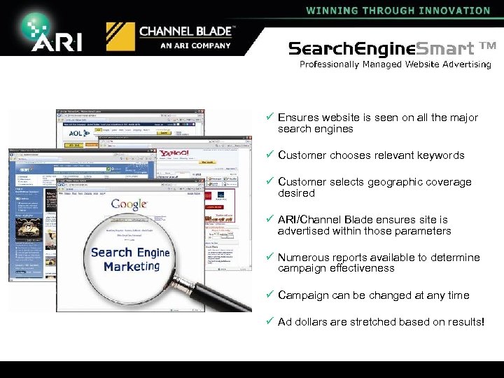 ü Ensures website is seen on all the major search engines ü Customer chooses