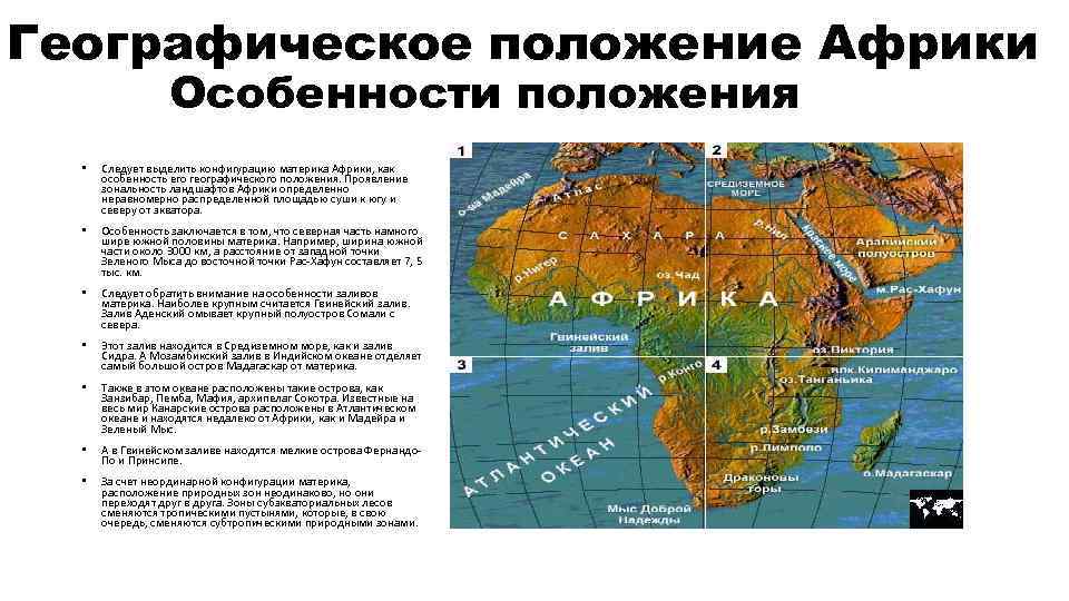 Географическое положение Африки Особенности положения • Следует выделить конфигурацию материка Африки, как особенность его