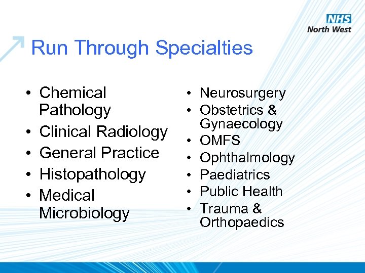Run Through Specialties • Chemical Pathology • Clinical Radiology • General Practice • Histopathology
