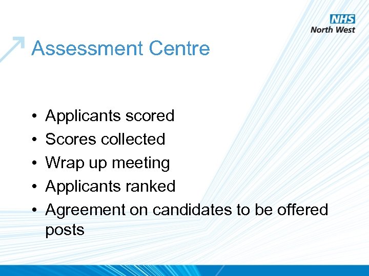 Assessment Centre • • • Applicants scored Scores collected Wrap up meeting Applicants ranked