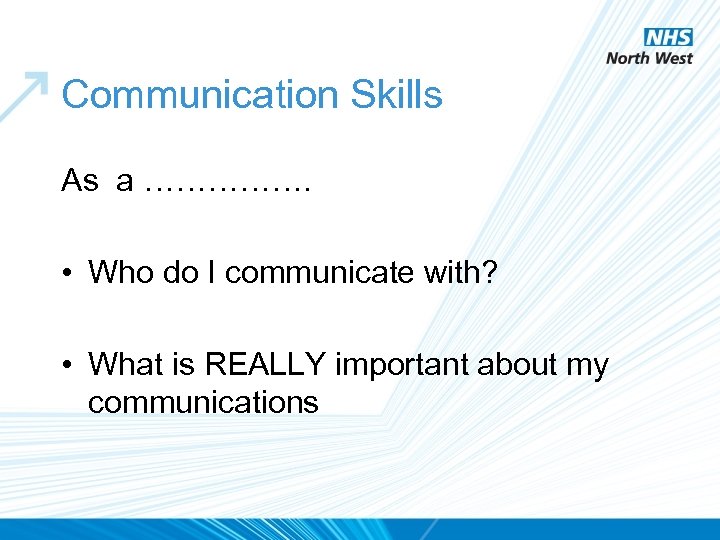 Communication Skills As a ……………. • Who do I communicate with? • What is