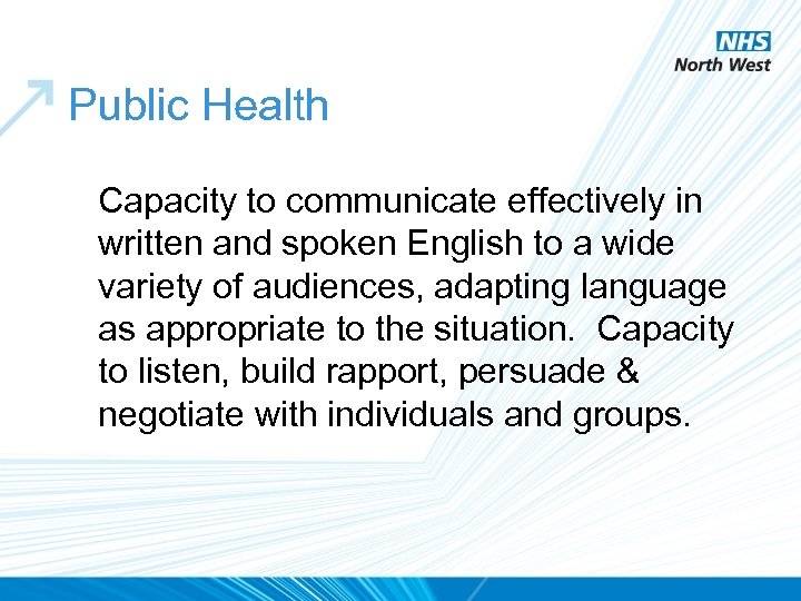 Public Health Capacity to communicate effectively in written and spoken English to a wide