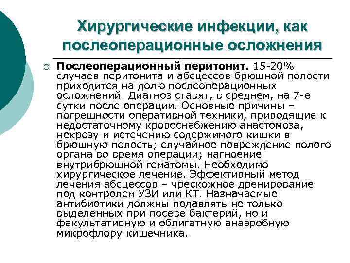 Хирургические инфекции, как послеоперационные осложнения ¡ Послеоперационный перитонит. 15 -20% случаев перитонита и абсцессов