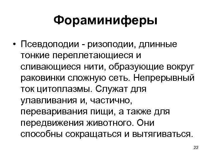 Фораминиферы • Псевдоподии - ризоподии, длинные тонкие переплетающиеся и сливающиеся нити, образующие вокруг раковинки
