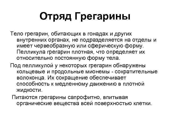 Отряд Грегарины Тело грегарин, обитающих в гонадах и других внутренних органах, не подразделяется на