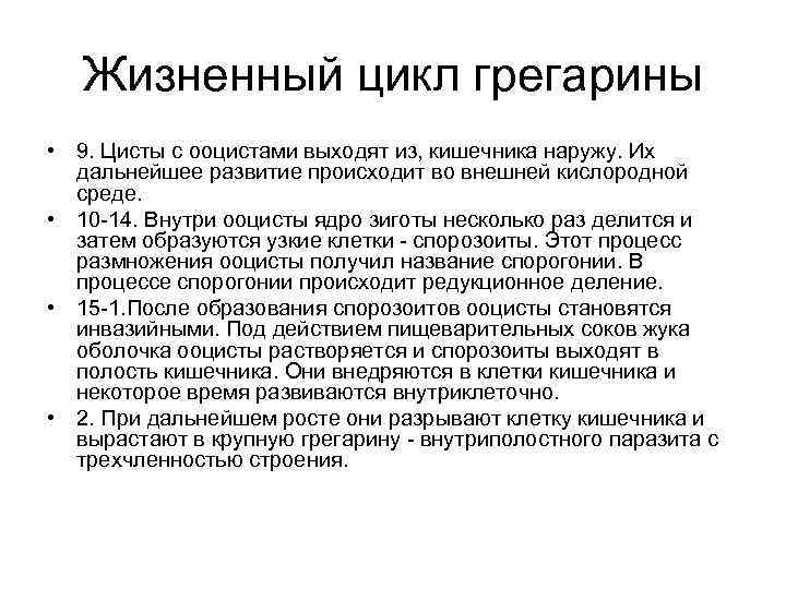 Жизненный цикл грегарины • 9. Цисты с ооцистами выходят из, кишечника наружу. Их дальнейшее