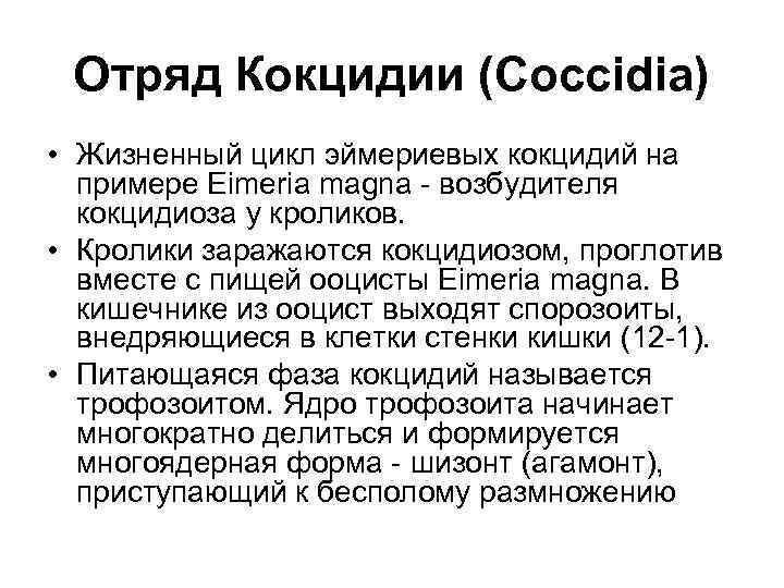 Отряд Кокцидии (Coccidia) • Жизненный цикл эймериевых кокцидий на примере Eimeria magna - возбудителя