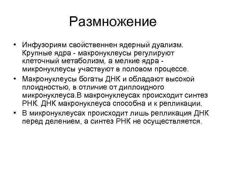 Размножение • Инфузориям свойственнен ядерный дуализм. Крупные ядра - макронуклеусы регулируют клеточный метаболизм, а