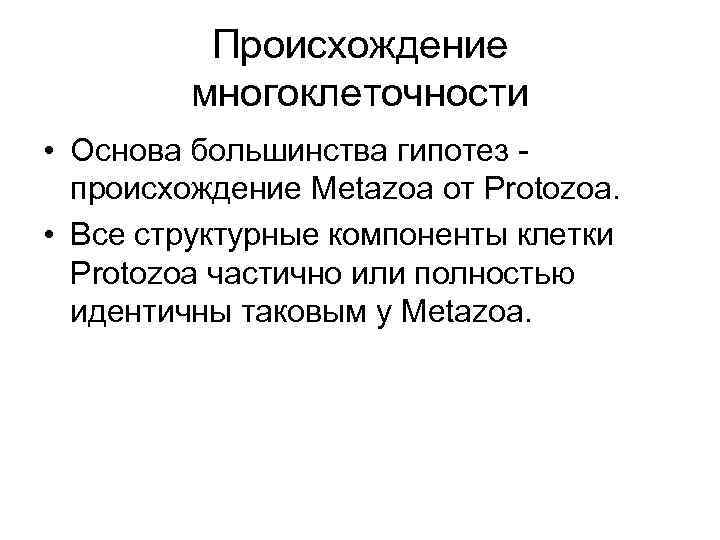 Происхождение многоклеточности • Основа большинства гипотез происхождение Metazoa от Protozoa. • Все структурные компоненты