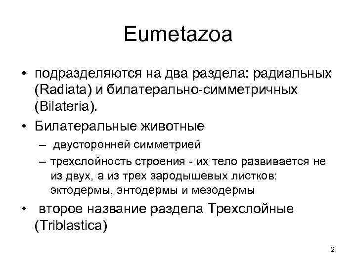 Eumetazoa • подразделяются на два раздела: радиальных (Radiata) и билатерально-симметричных (Bilateria). • Билатеральные животные