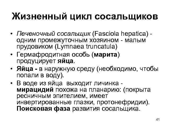 Жизненный цикл сосальщиков • Печеночный сосальщик (Fasciola hepatica) - одним промежуточным хозяином - малым