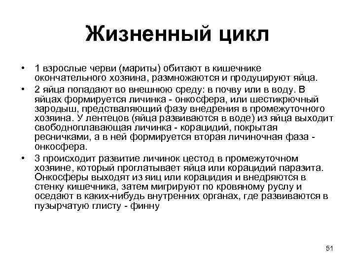 Жизненный цикл • 1 взрослые черви (мариты) обитают в кишечнике окончательного хозяина, размножаются и