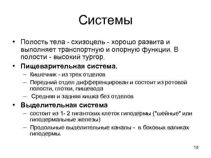 Системы • Полость тела - схизоцель - хорошо развита и выполняет транспортную и опорную