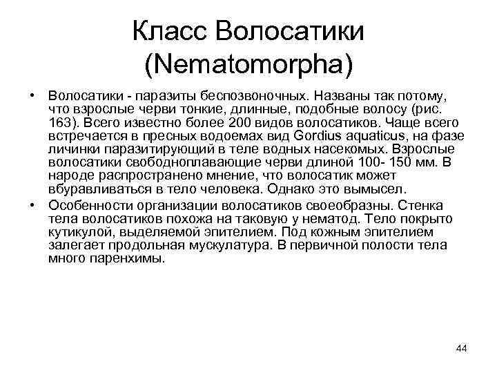 Класс Волосатики (Nematomorpha) • Волосатики - паразиты беспозвоночных. Названы так потому, что взрослые черви