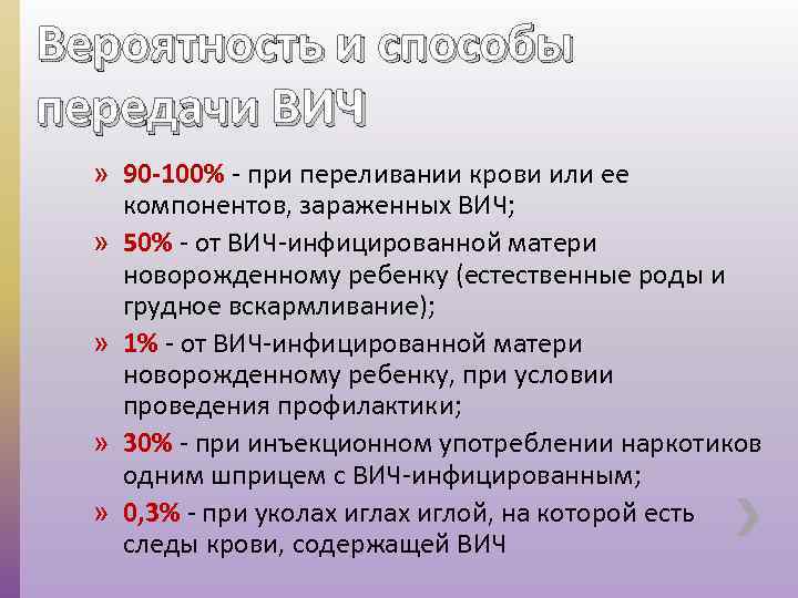 Вероятность и способы передачи ВИЧ » 90 -100% - при переливании крови или ее