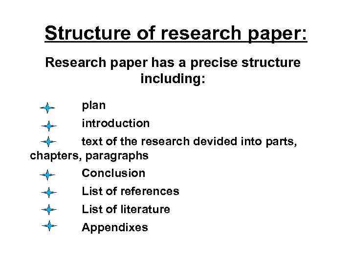 Structure of research paper: Research paper has a precise structure including: plan introduction text