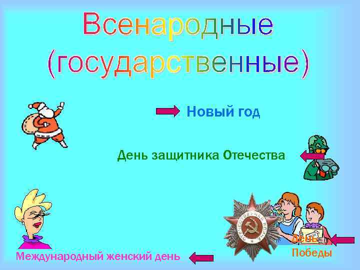 Новый год День защитника Отечества Международный женский день День Победы 